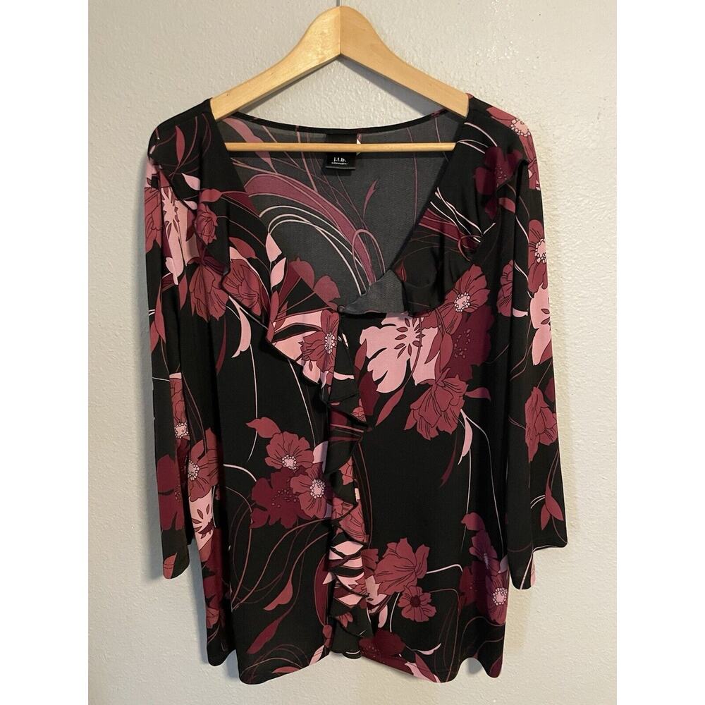Vintage JTB Womens Top 1X Black Floral Stretch Ruffle 3/4 Sleeve Whimsigoth READ